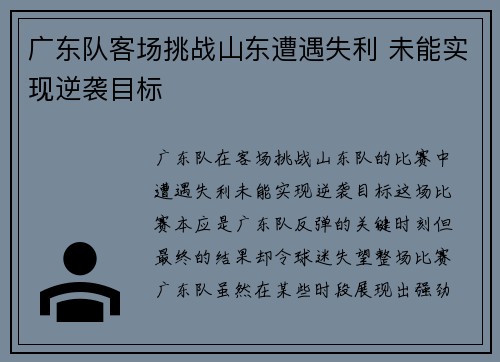 广东队客场挑战山东遭遇失利 未能实现逆袭目标