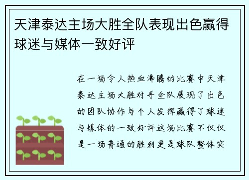 天津泰达主场大胜全队表现出色赢得球迷与媒体一致好评