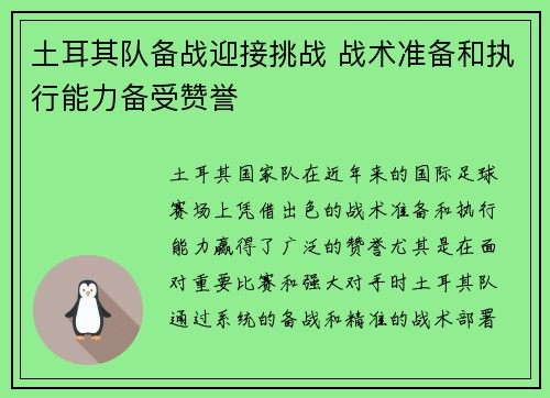 土耳其队备战迎接挑战 战术准备和执行能力备受赞誉